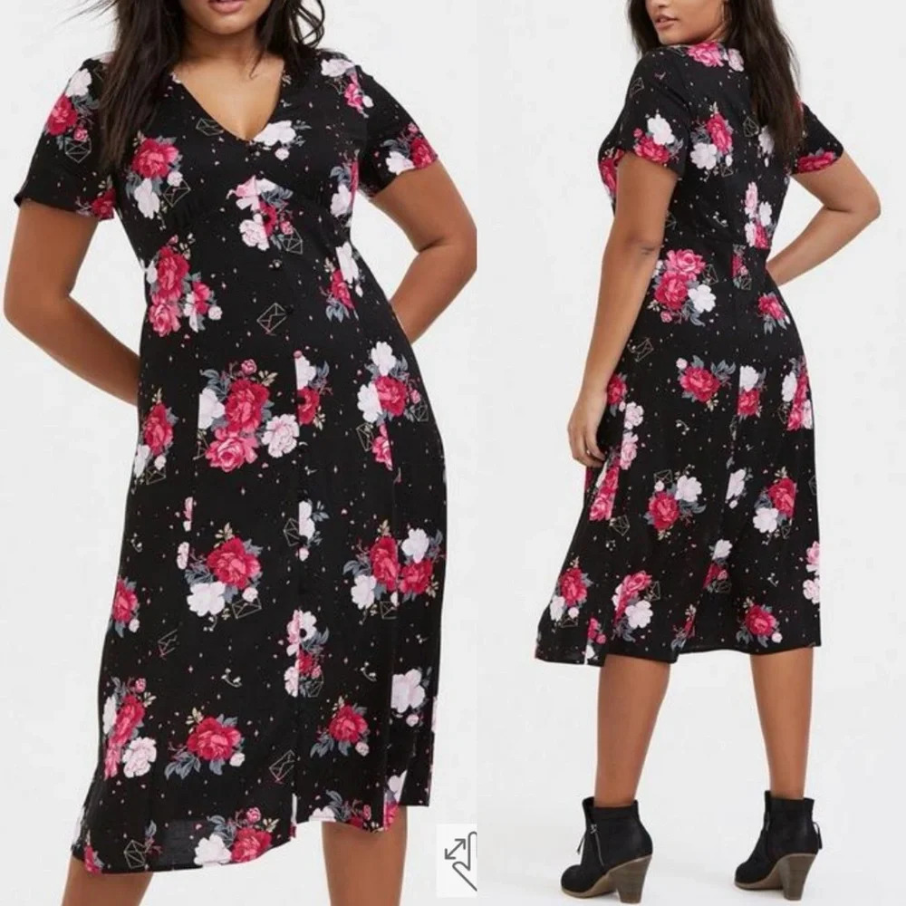 Torrid Midi Challis Button-Front Dress Floral Envelope Pattern Sz 4 Black